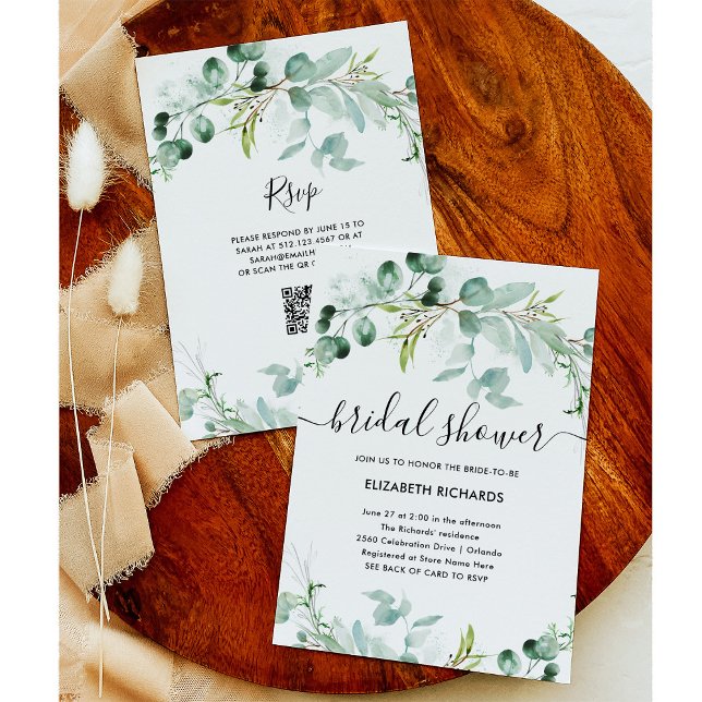Convites Elegante Greenery | Chá de panela do código QR (An elegant bridal shower invitation with greenery and a scannable QR code)