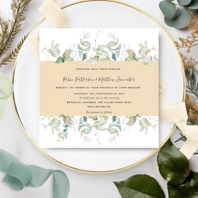 Convites Elegante Greenery e Beige Tan, Casamento Quadrado (Criador carregado)