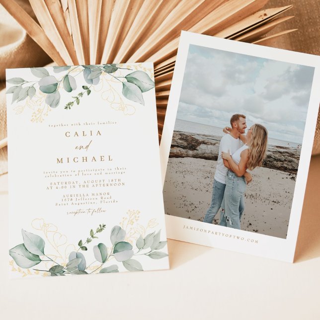 Convites Elegante Greenery e Dourado Casamento Fotográfico (Elegant watercolor greenery wedding invitation with photo backside)
