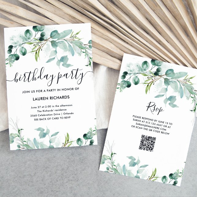 Convites Elegante Greenery | Festa de aniversário do código (A simple and elegant birthday party invitation with green watercolor eucalyptus leaves)