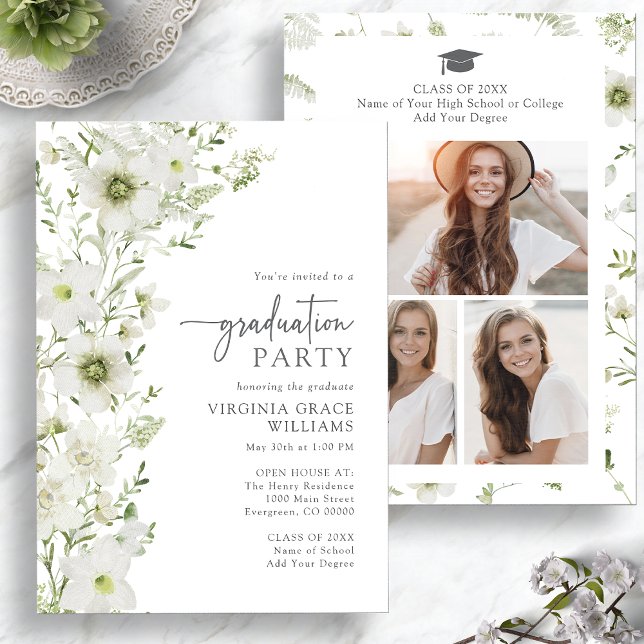 Convites Elegante Greenery Festa de formatura (Elegant Greenery Graduation Party Invitation with Photo Collage by Painted Paperie
)