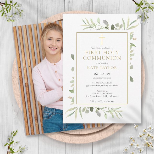 Convites Elegante Greenery Foto Primeira Comunhão Sagrada (Elegant Greenery Photo First Holy Communion Invitation)