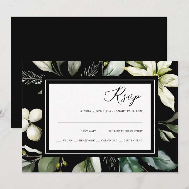 Convites Elegante Greenery | Placa RSVP Preta de Aquarela (Frente/Verso)