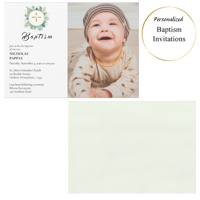 Convites Elegante Greenery Wreath Ortodox Christian Baptism (Criador carregado)