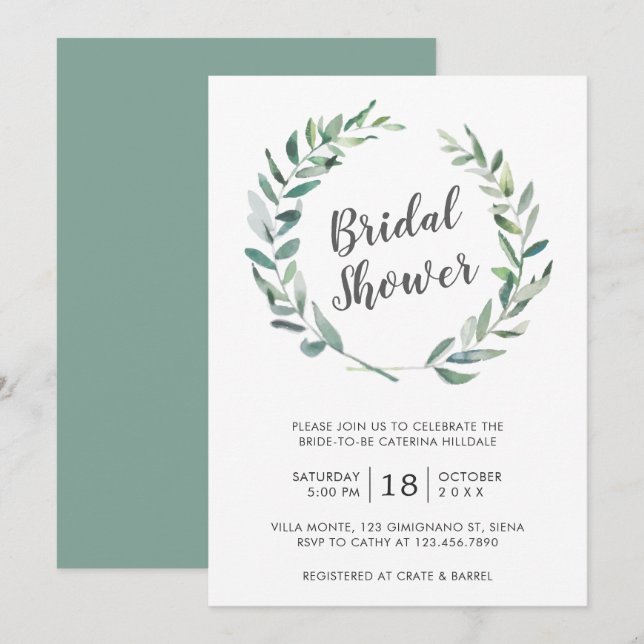 Convites Elegante Greenery Wreath Rustic Chá de panela (Frente/Verso)