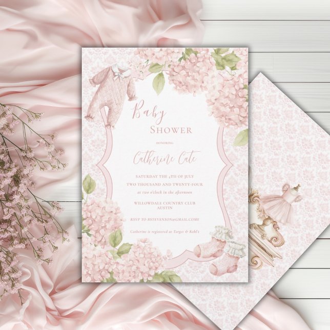 Convites Elegante Hidrangea Floral Rosa Vintage Bebê (Criador carregado)