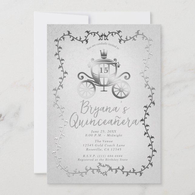 Convites Elegante História de Carruagem de Prata Quinceañer (Frente)