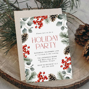 Convites Elegante Holly Berries e Pine Cones Feriado