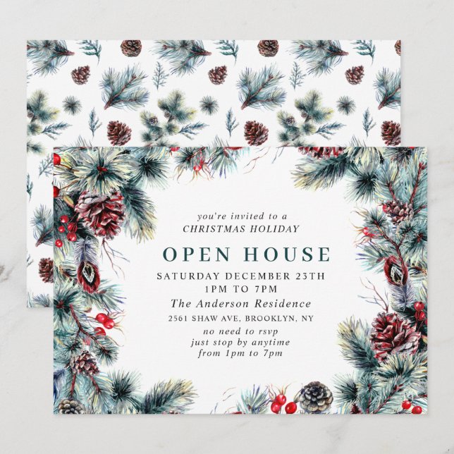 Convites Elegante Holly Berry CHRISTMAS HOLIDAY ABEN HOUSE (Frente/Verso)