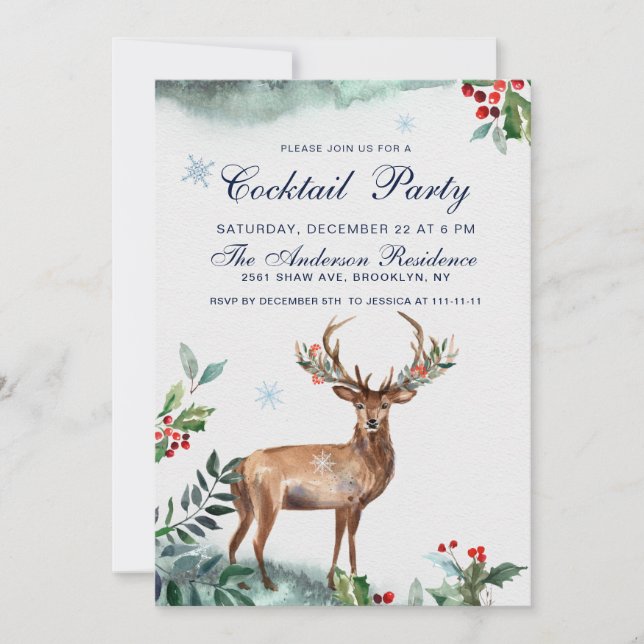 Convites Elegante Holly Berry Deer Christmas Cocktail (Frente)