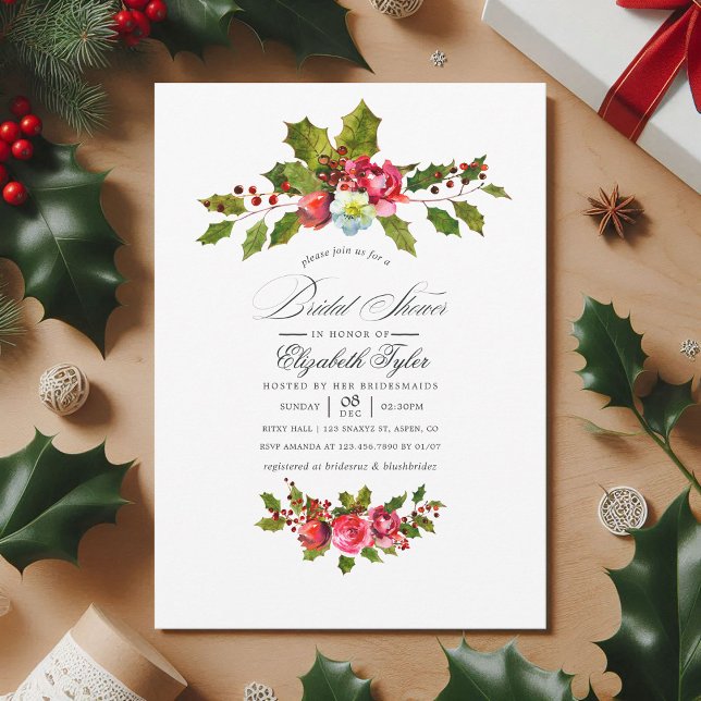Convites Elegante Holly e Chá de panela de Natal Ivy (Christmas Bridal Shower Floral Holly Invitation)