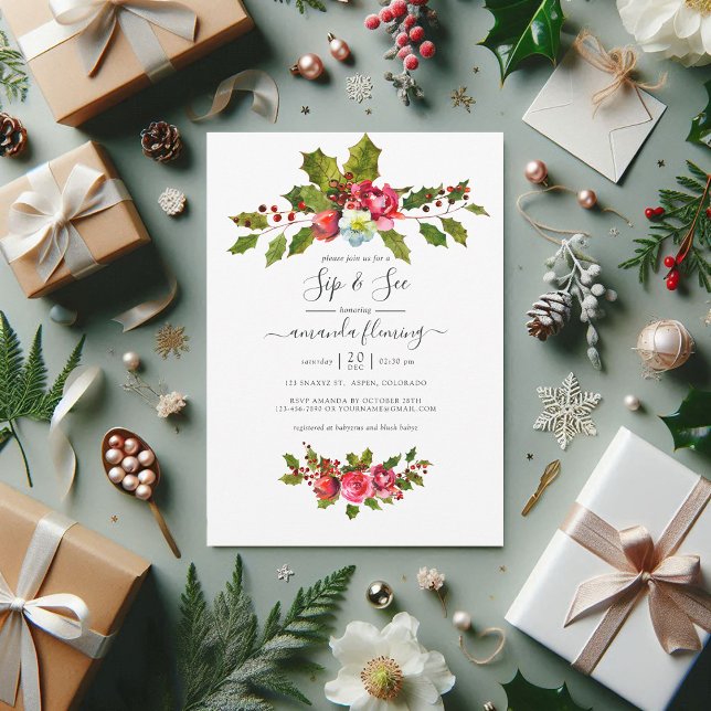 Convites Elegante Holly e Ivy Christmas Sip e See Charm (Christmas Sip and See Invitation)