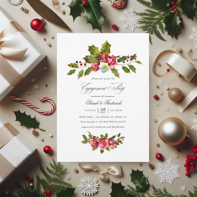 Convites Elegante Holly e Ivy Festa de noivado de Natal (Christmas Engagement Party Holly and Ivy Invite)
