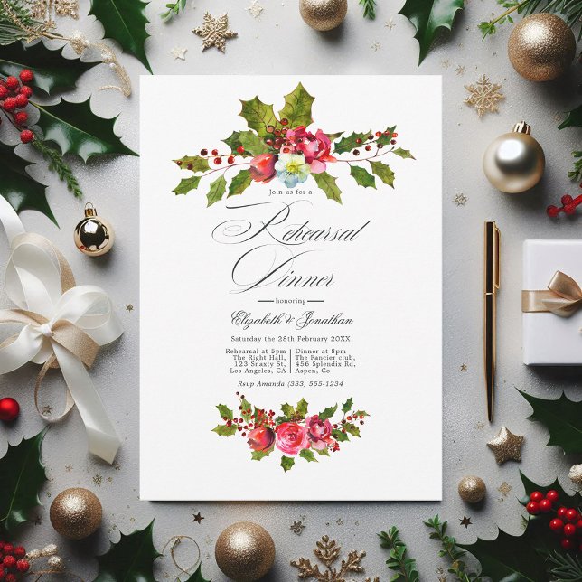 Convites Elegante Holly e Janto de ensaio de Natal Ivy (Christmas Wedding Rehearsal Dinner Invitation)