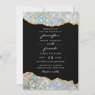 Convites Elegante Holográfico Glitter Agate Sparkle Preto