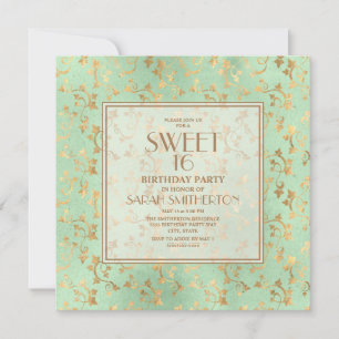 Convites Elegante Hortelã Verde Dourado Sweet 16