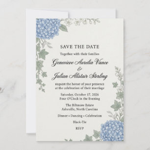 Convites Elegante Hydrangea Azul e Save the Date Botânico d