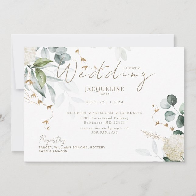 Convites Elegante Hydrangea Chá de panela Horizontal Branco (Frente)