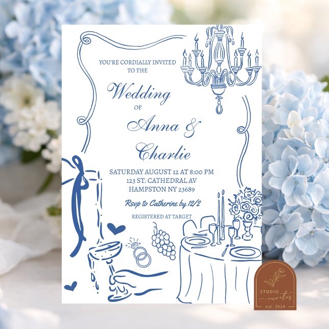 Convites Elegante Ilustração Desenhada à Mão Casamento (Criador carregado)