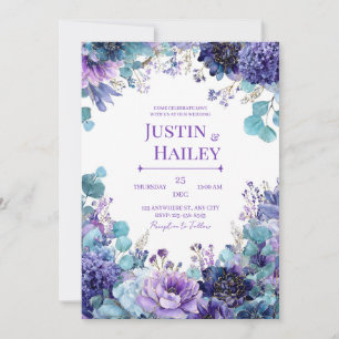 Convites Elegante Índigo Roxo Dourado Floral Aquarela