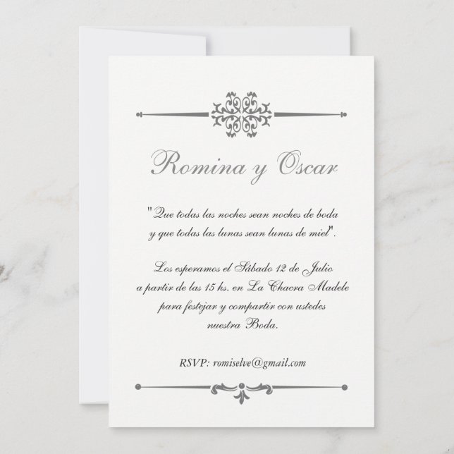 Convites Elegante Invitación para bodas en Español. (Verso)