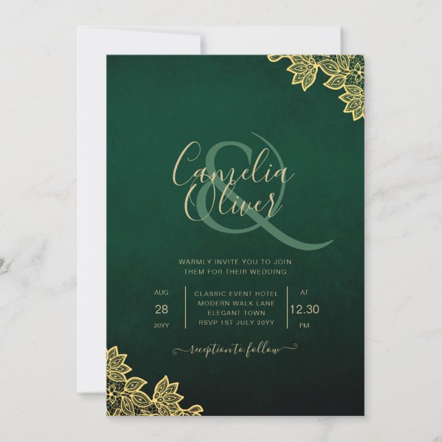 Convites Elegante Invitation Emerald Green Dourado Lace (Frente)
