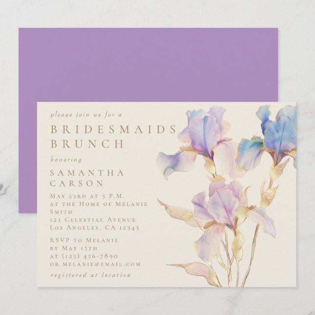 Convites Elegante Iris Floral Watercolor Bridesmaids Brunch (Frente/Verso)