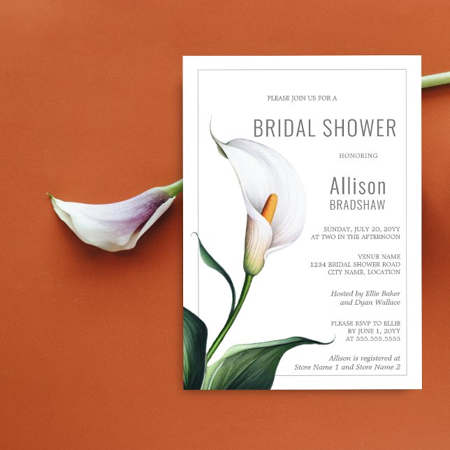 Convites Elegante Ivory White Calla Lily Chá de panela (Elegant white calla lily bridal shower invitation front view.)