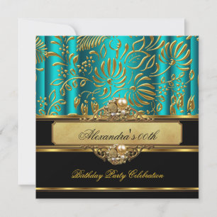 Convites Elegante Jade Blue Dourado Damask Pearl