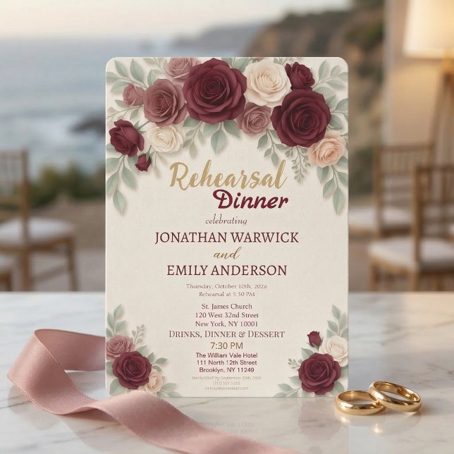Convites Elegante Jantar de Ensaios Chic Rosa Borgonha (Criador carregado)