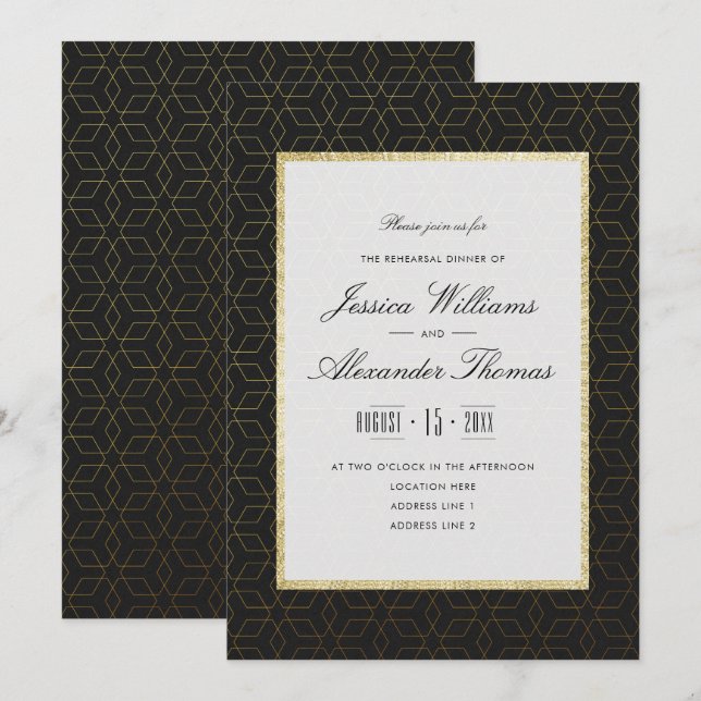 Convites Elegante Jantar de Ensaios Dourado e Preto (Frente/Verso)