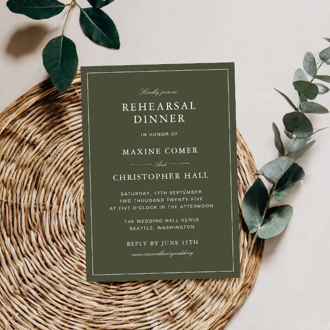 Convites Elegante Jantar de Ensaios em Verde Poeirento com  (Elegant dusty green script rehearsal dinner invitation adds graceful charm to your celebration.)
