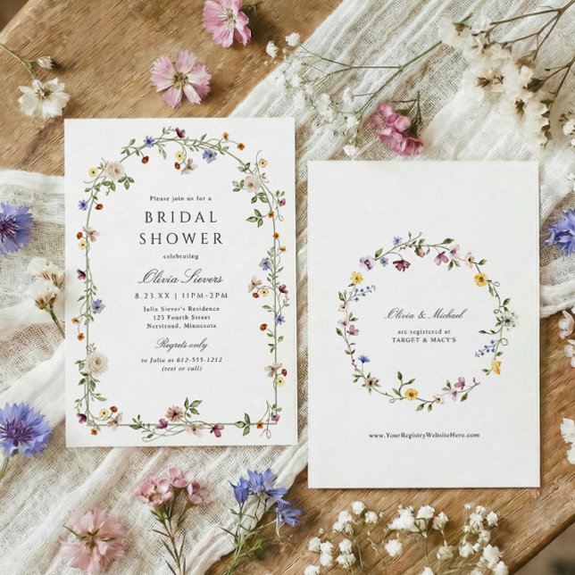 Convites Elegante Jardim de Arco de Flores Silvestres Chá d (Watercolor wildflowers garden bridal shower invitation, elegant botanical flowers with greenery arch)