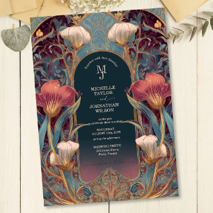 Convites Elegante Jardim Floral Art Nouveau Vinho Tinto Vin