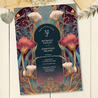 Convites Elegante Jardim Floral Art Nouveau Vinho Tinto Vin