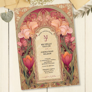 Convites Elegante Jardim Floral Art Nouveau Vintage Burgund