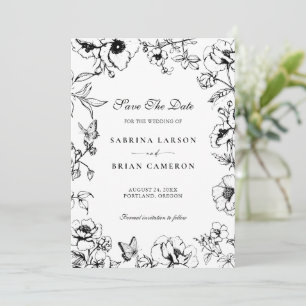 Convites Elegante Jardim Floral Preto e Branco Salve a Data