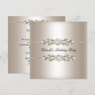 Convites Elegante Jóia de Aniversário Biege Creme Dourado