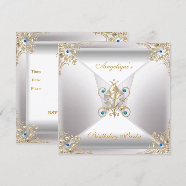 Convites Elegante Jóia de Aniversário em Prata Branco Doura (Frente/Verso)