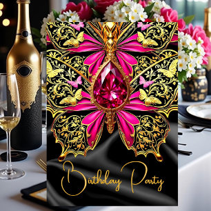Convites Elegante Jóia de Aniversário Rosa Quente Preto Dou