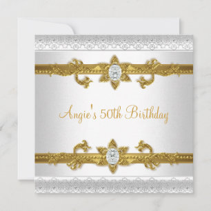 Convites Elegante Jóia Dourada Branca de Aniversário de 50 