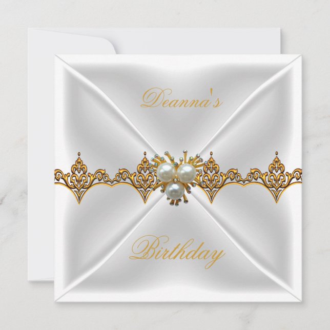 Convites Elegante Jóia Dourada de Aniversário Seda Branca (Frente)