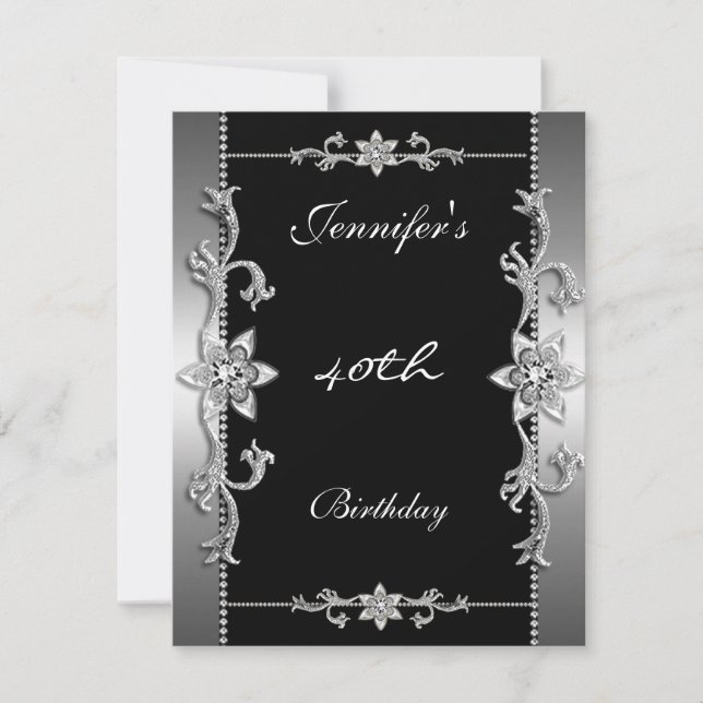 Convites Elegante Jóia Preta Prata 40º (Frente)
