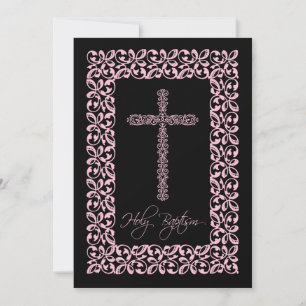 Convites Elegante Lace Cross Baby Santo Baptismo