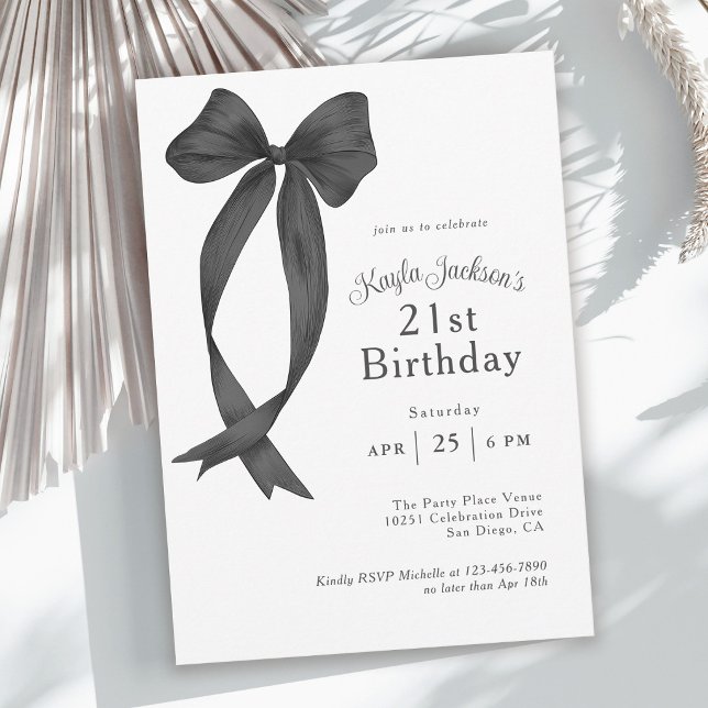 Convites Elegante Laço Coquete Preto Festa de Aniversário d (Invitation may be ordered in both printed and instant download digital formats.)