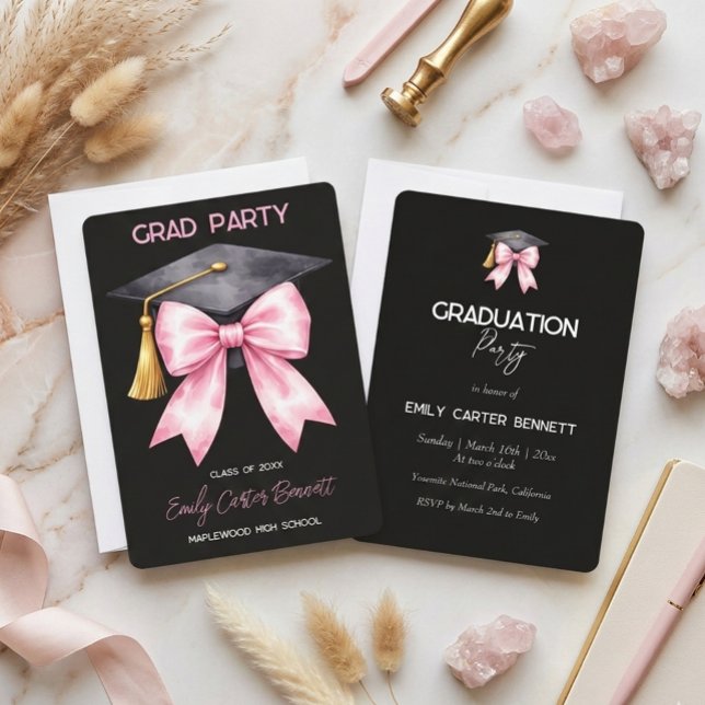 Convites Elegante Laço Coquette Preto Rosa Graduação (Criador carregado)