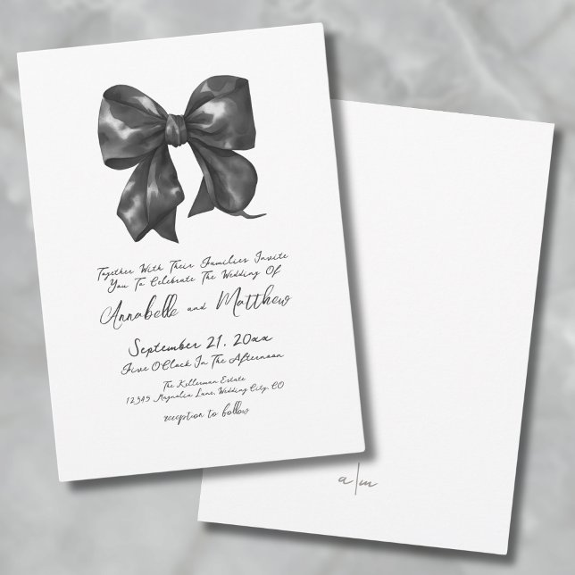 Convites Elegante Laço Preto Simples de Casamento (Elegant Simple Handwritten Black Bow Wedding Invitation)