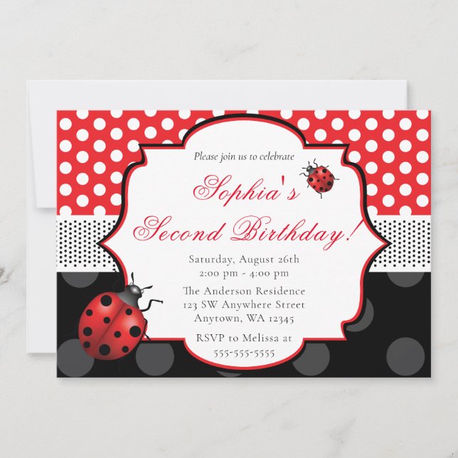 Convites Elegante Ladybug Bolinhas Birthday (Frente)