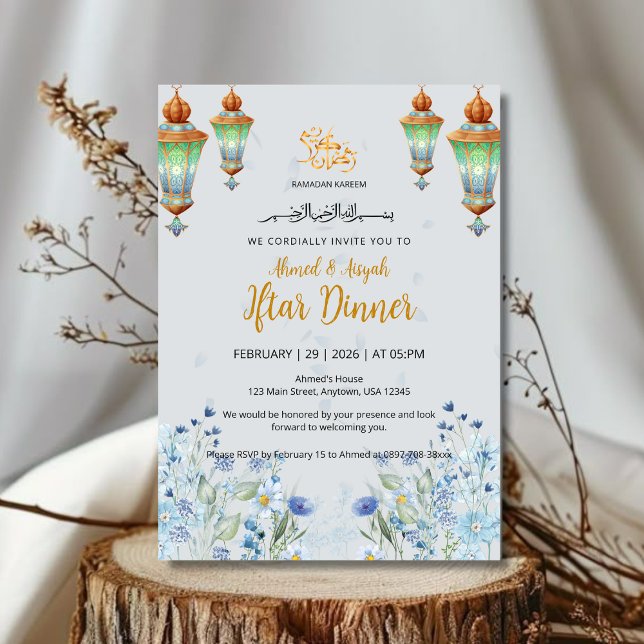 Convites Elegante Lanterna Azul Floral para Iftar do Ramadã (Criador carregado)