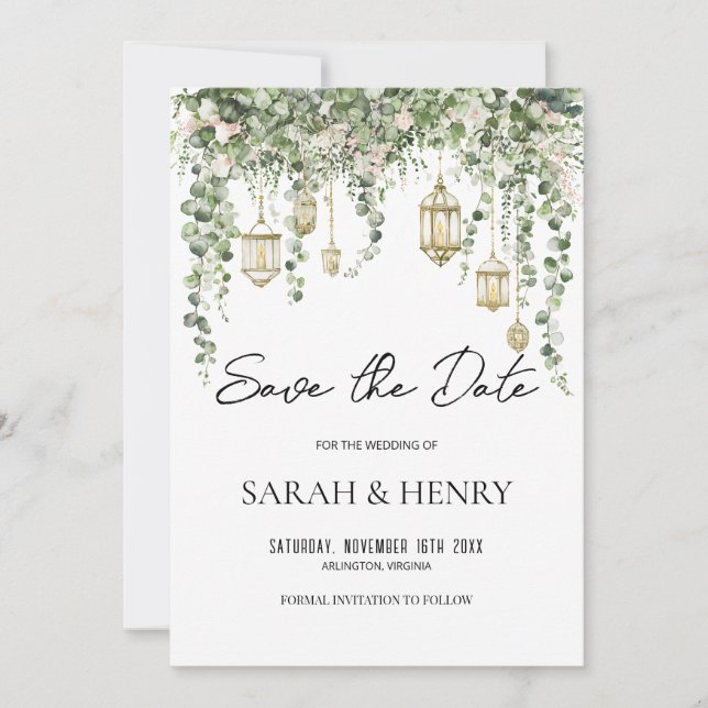 Convites Elegante Lanterna de Eucalipto Save the Date   (Frente)